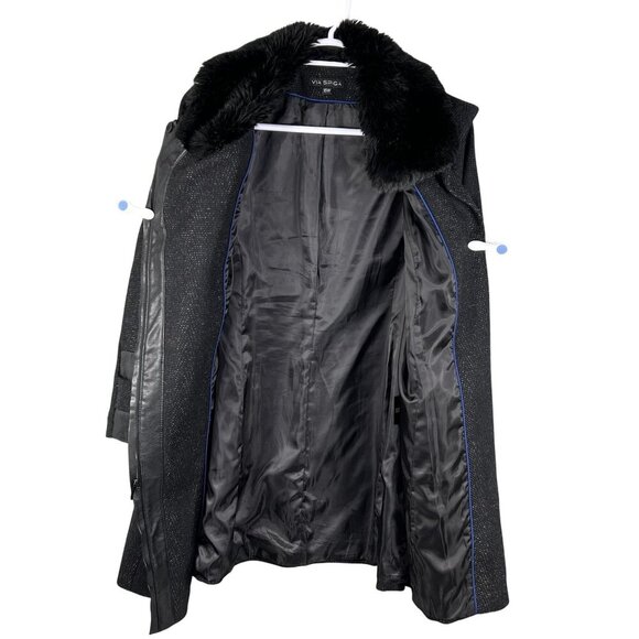 Via Spiga Women 16W Black Wool Blend Faux Fur Collar Asymmetrical Coat Old Money - Picture 4 of 16